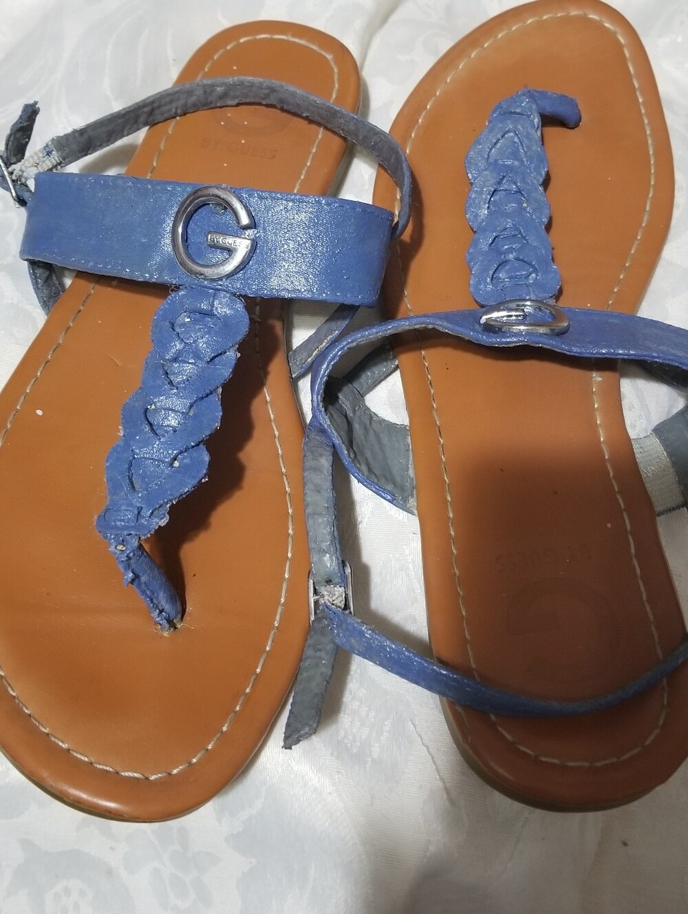 G by Guess 10 Blue Faux Leather Braided T-Strap Sandals with Silver G Accent